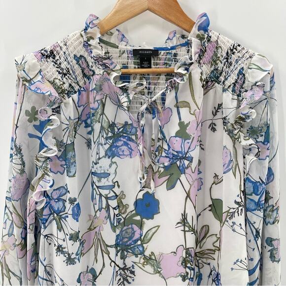 NWOT Halogen Floral Ruffle Smocked Tie Front Long Sleeve Cottagecore Blouse L - Picture 2 of 13